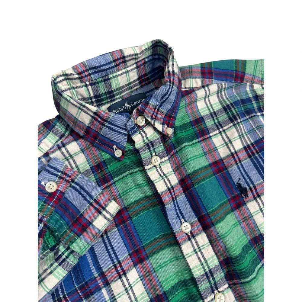 Ralph Lauren Boys Flannel Button Down Shirt Green Blue Plaid Logo Size M‎ 10-12
